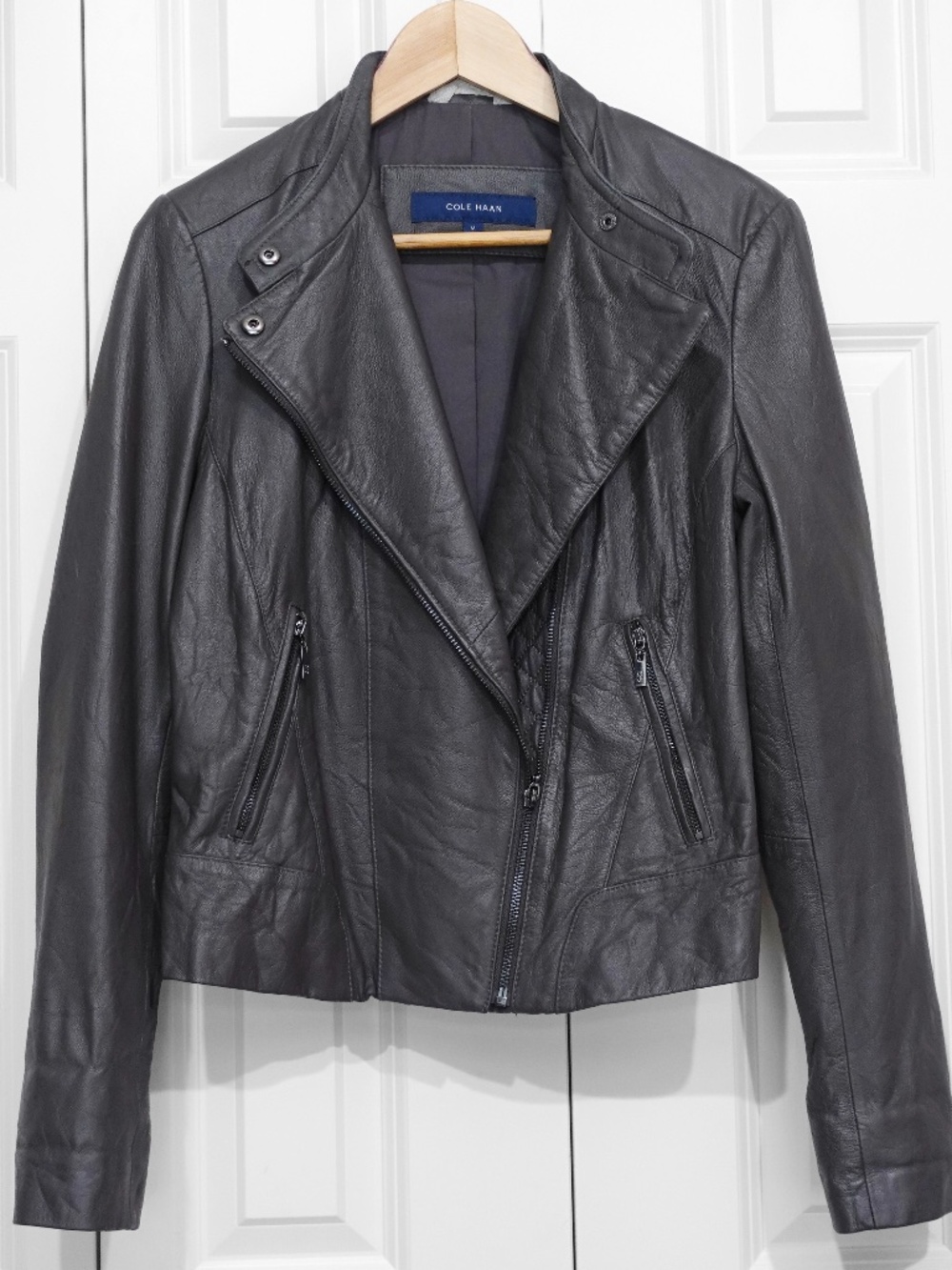 Cole Haan Women's Size M Moto Biker Genuine Leather Jacket Dark Gray